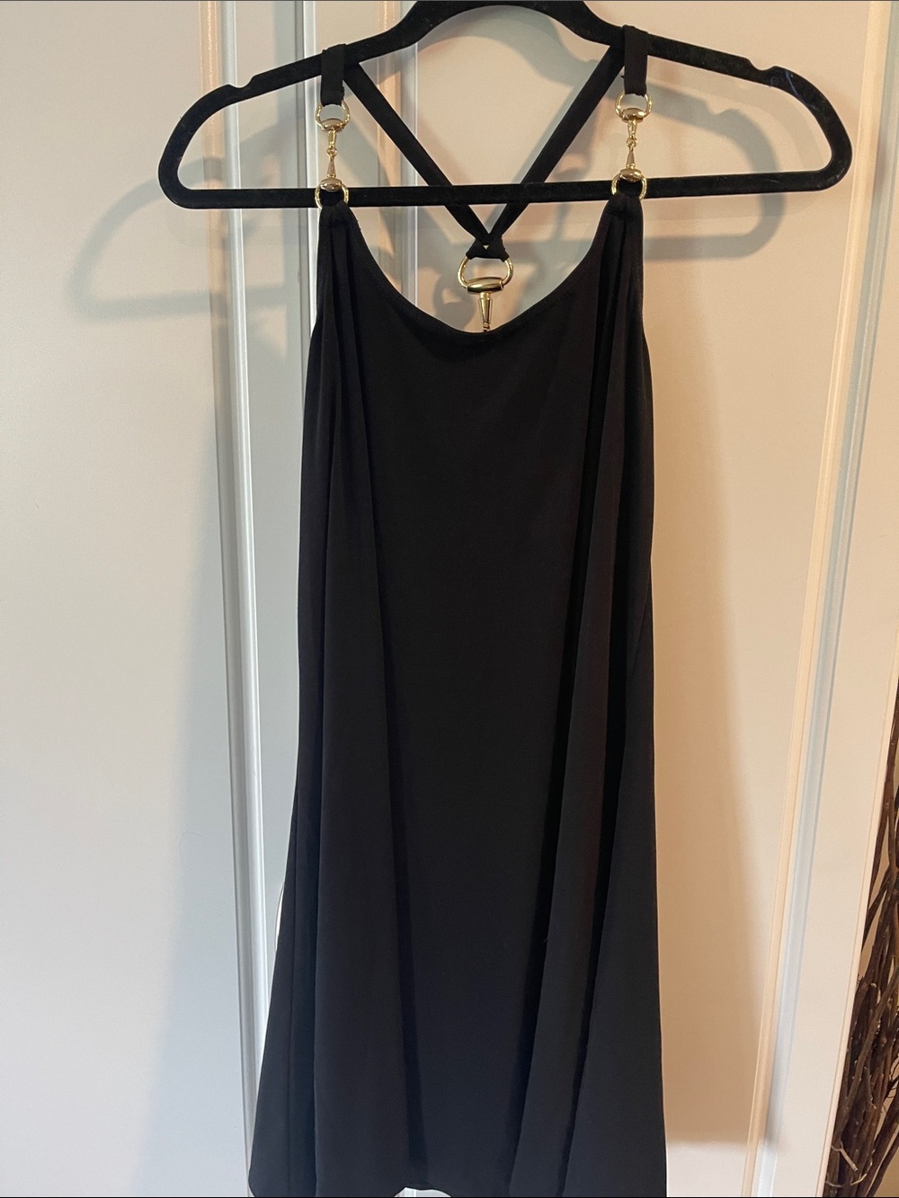 Boston Proper Black Mini Dress with Gold Ring Details